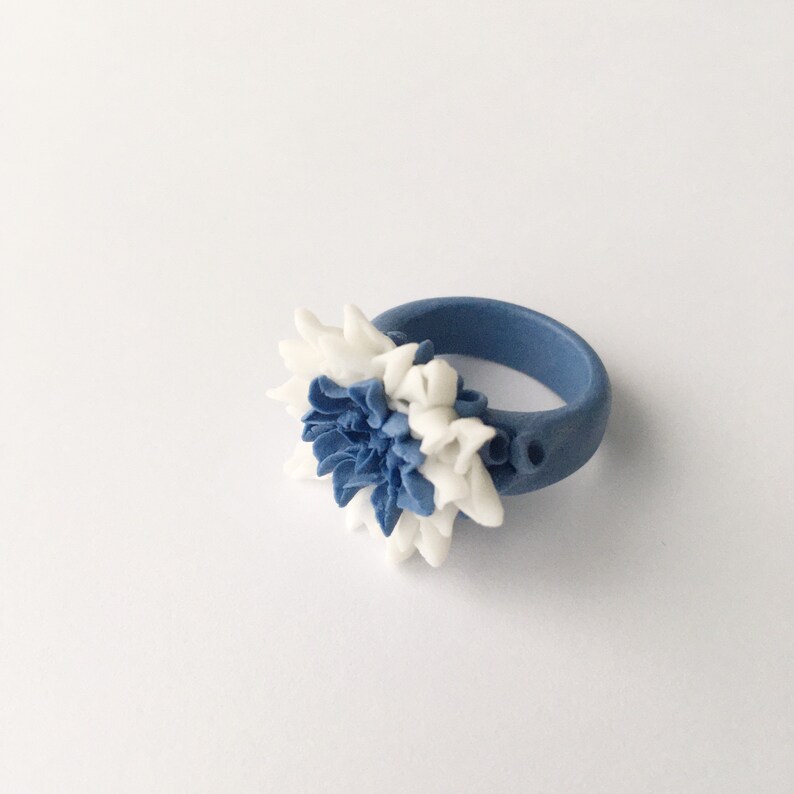Blue Dahlia Porcelain Flower Ring, Royal Blue White image 3