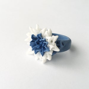 Blue Dahlia Porcelain Flower Ring, Royal Blue White image 2