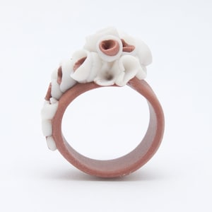 Flower Statement Porcelain Ring, Coral Brown  White Ceramic Ring