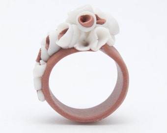 Flower Statement Porcelain Ring, Coral Brown  White Ceramic Ring