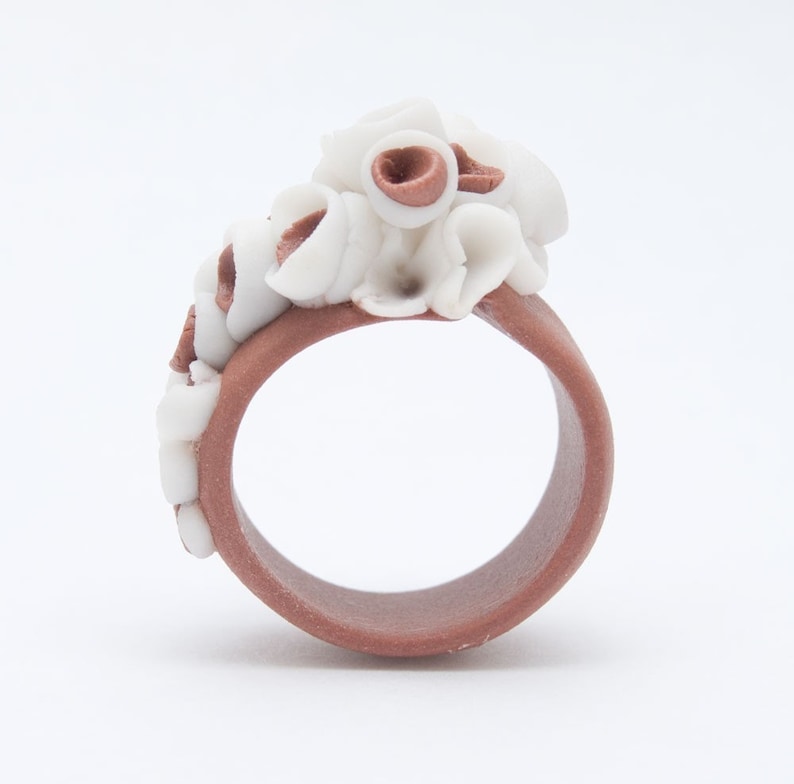 Flower Statement Porcelain Ring, Coral Brown White Ceramic Ring image 1