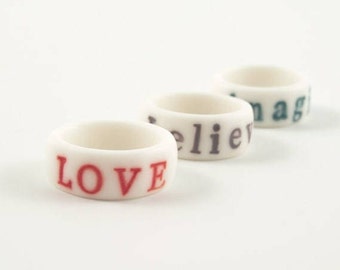 Personalized Letter Ring , Custom Initials Ring , Hand-Stamped White  Porcelain Ring