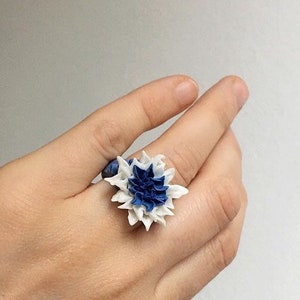 Blue Dahlia Porcelain Flower Ring, Royal Blue White image 7