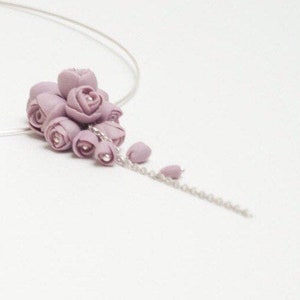 Sterling Silver  Necklace with Porcelain Purple Peony  Flowers