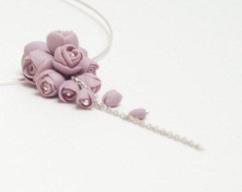 Sterling Silver  Necklace with Porcelain Purple Peony  Flowers