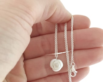 Silver  Necklace with Porcelain Peony Flower Pendant Merrydale