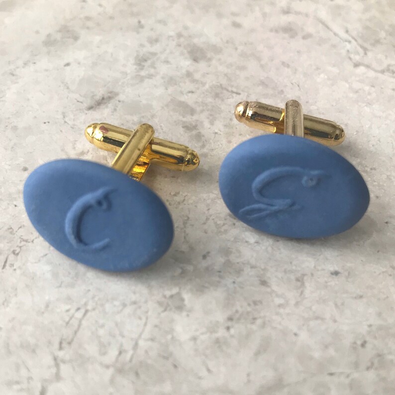 Personalized Engraved Cufflinks, Royal Blue Gold Porcelain Ceramic Cufflinks , Oval Initial Custom Cuff links, Wedding Groomsmen Gift image 1