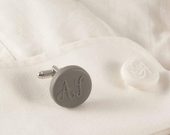 Personalized gift for him , Personalised Monogram Cufflinks White Gray Porcelain, Circular Engraved Initial Cufflinks Farnham