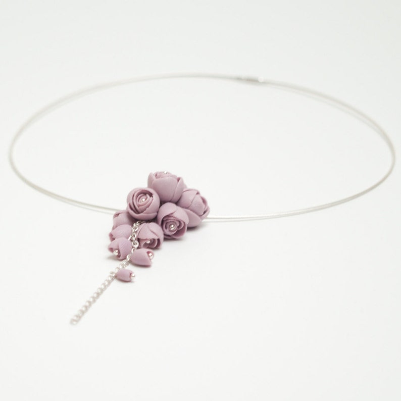 Sterling Silver Necklace with Porcelain Purple Peony Flowers image 4