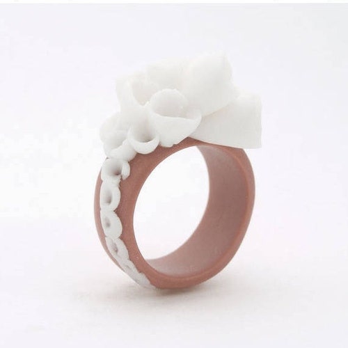 Flower Statement Cocktail Ring Coral Brown and White Etsy