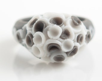 Statement  Flower Porcelain Ring Gray and White