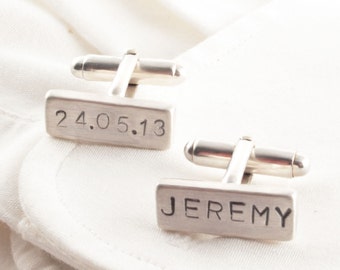 Gemelli in argento rettangolari personalizzati, gemelli per matrimonio dello sposo, gemelli con data e iniziali, gemelli incisi