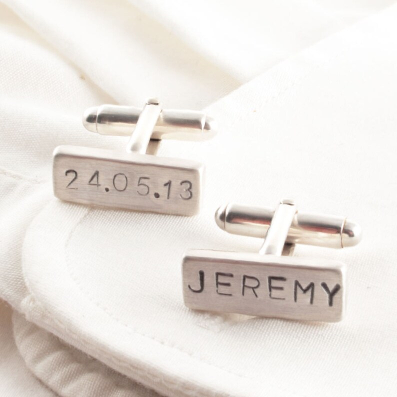 Personalised Rectangular Silver Cufflinks, Groom Wedding Cufflinks, Date and Initials Cufflinks, Engraved Cufflinks image 1