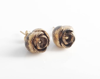 Boucles d'oreilles fleurs dorées en porcelaine rose, clous Bourton