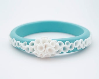 Turquoise Porcelain Bangle Bracelet  with White Flowers  Brinsop