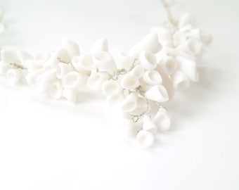 Silver Statement Necklace with Calla Lilies White Porcelain Flowers Farnham