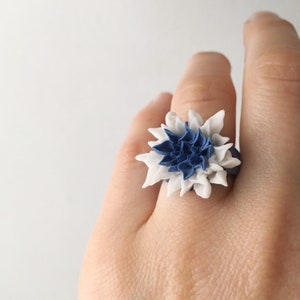 Blue Dahlia Porcelain Flower Ring, Royal Blue White image 1