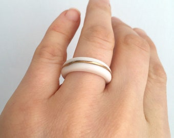 White and Gold Porcelain Ring , Minimalist Narrow Stacking Ring Farnham