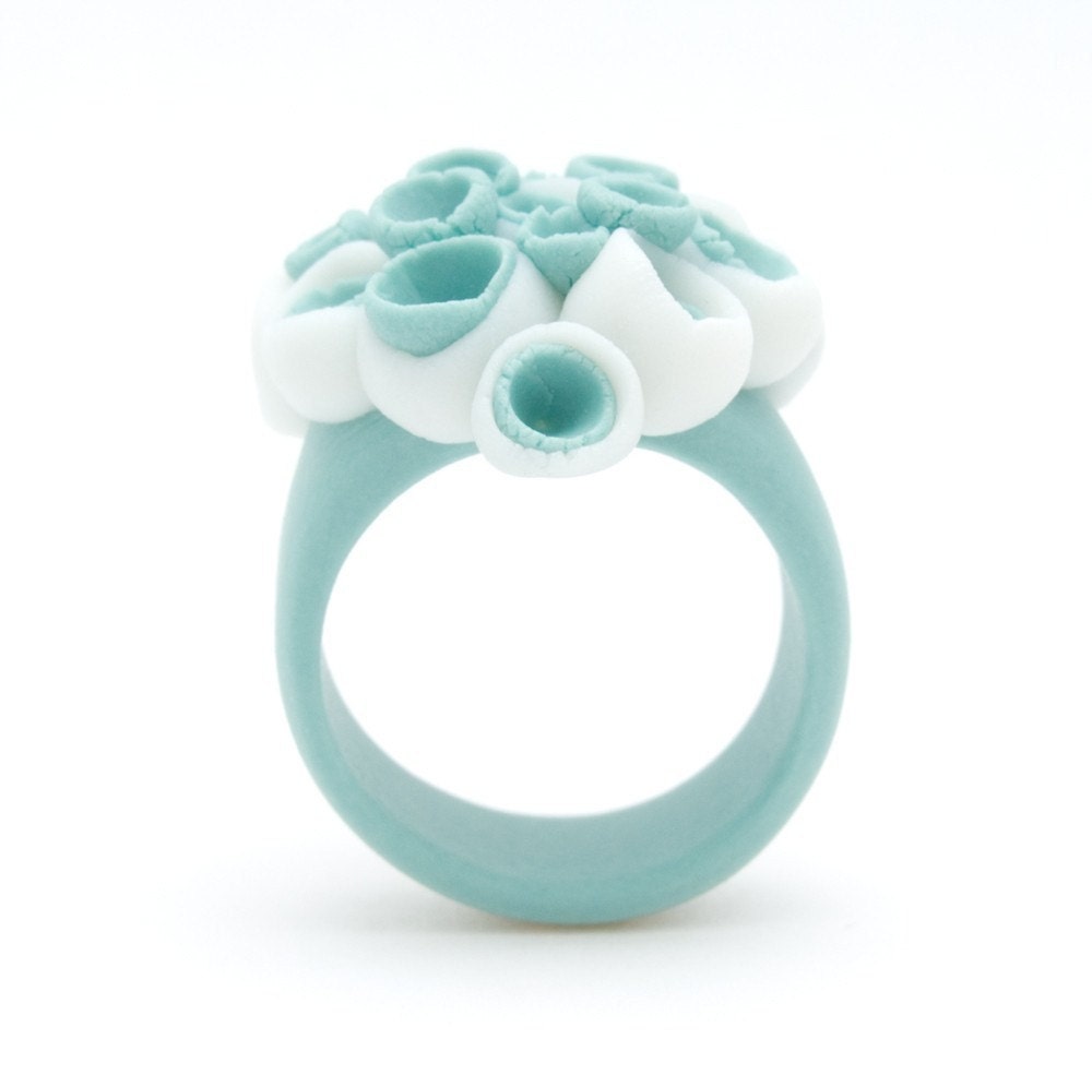 Ceramic Flower Ring Pastel Turqoise and White Etsy