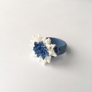 Blue Dahlia Porcelain Flower Ring, Royal Blue White image 6