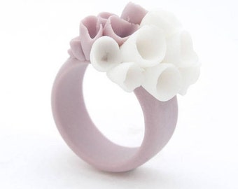 Porcelain Flower Statement Ring Purple White Flowers