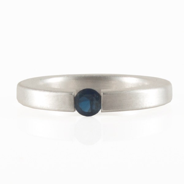 Tension Silver Ring 4,5 mm Australia Dark Blue Sapphire , Modern Tension Set Statement Ring