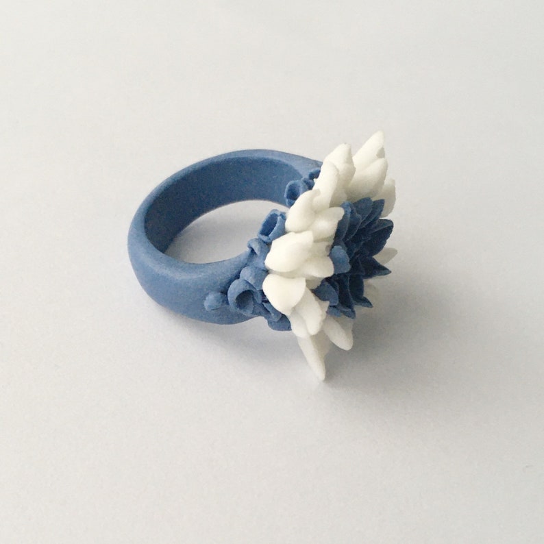 Blue Dahlia Porcelain Flower Ring, Royal Blue White image 8