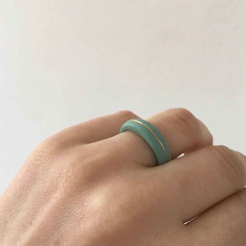 Turquoise Gold Porcelain Ring , Minimalist Narrow Stacking Ring Greystone image 1