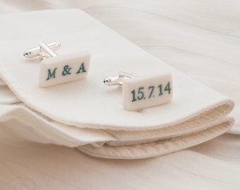 Porcelain Personalized Cufflinks,  Anniversary Gift ,  Custom Wedding Cufflinks, Engraved Anniversary Cufflinks