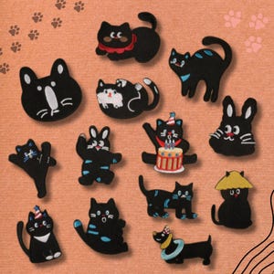 Midnight Cats – Mysterious Black Cat Iron-On Patch Set, Magical Theater Cat Applique, Cute Embroidered Patch, Halloween Aesthetic Cat Badge