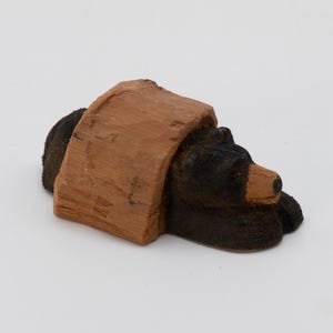 Artist Hand Carved Black Bear in Log | Cottonwood Bark Wildlife Art | Signed Rustic Cabin Decor