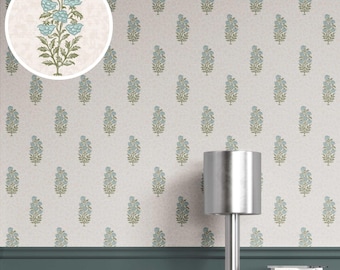 Floral Block Print Wallpaper. Removable Peel & Stick / Unpasted Options. Extra Wide Roll. Duck Egg Blue/ Green (Zils)