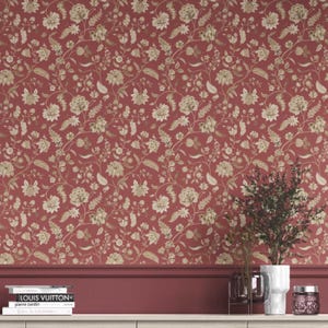Floral Wallpaper. Extra Wide Roll. Botanical Patterned, Non-Woven, Unpasted, Traditional Wallpaper. Red/ Maroon/ Beige (Sofia Rose)