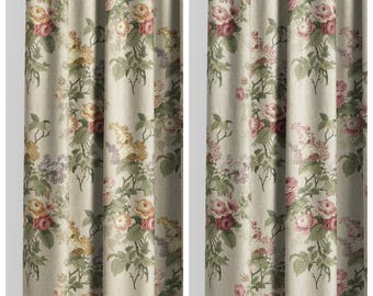 English Floral Print Curtains. Custom Size Lined Window Drapes. Long or Short. Pinch Pleated or Casual. Blackout Add-On. Beige/ Green/ Red