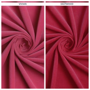 Puede incluir: Dos muestras de tela, una etiquetada como "VIVIAN" y la otra como "EASTWOOD". Ambas telas son de un color rosa intenso y rico, con una textura aterciopelada. La tela está dispuesta en un patrón en espiral, mostrando su caída y brillo.