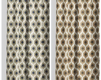 Ikat Honeycomb Print Curtains. Custom Size Lined Window Drapes. Long or Short. Pinch Pleated or Casual. Blackout Add-On. Black/ Brown/ Beige