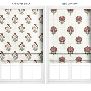 Block Print Floral Motif Roman Shades & Fabric Blinds. Custom Sizes - Long, Short or Wide. Relaxed or Flat Fold. Blackout Add-On. White/ Red