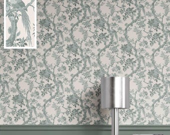 Chinoiserie Bird Print Wallpaper. Extra Wide Roll. Floral Patterned, Non-Woven, Unpasted Wallpaper. Gray-Green (Covelong)