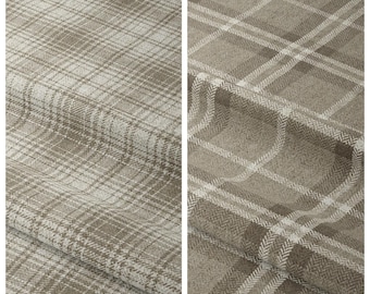 May include: Two fabric samples with plaid patterns. The left sample, labeled "CORTADO," features a light beige and white plaid. The right sample, labeled "CEDER CREST," displays a brown and white plaid with a herringbone weave.