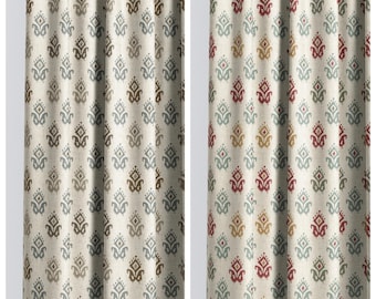 Ikat Paisley Block Print Custom Size Curtains. Lined Window Drapes. Pinch Pleat Drapery Option. Blackout Add-On. Cream/ Gray-Blue/ Red