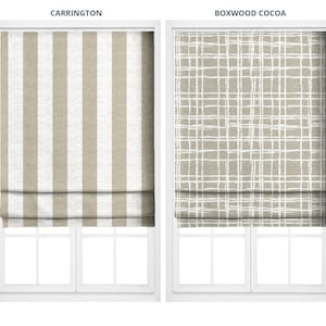 Wheat Beige Awning Stripe/ Abstract Check Roman Shades. Custom Size Window Blinds for Kitchen, Bedroom, Living, Bathroom. Blackout Add-On.