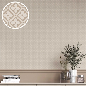 May include: Beige wallpaper with a subtle geometric pattern. A circular inset shows a close-up of the floral design. A shelf displays books, vases, and a small plant, adding a touch of decor to the room.
