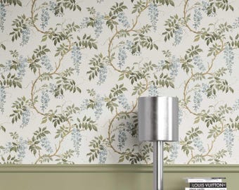 Floral Vine Wallpaper. Removable Peel & Stick / Unpasted Options. Extra Wide Roll. Floral/ Botanical Patterned. Cream/ Blue (Rick Creek)