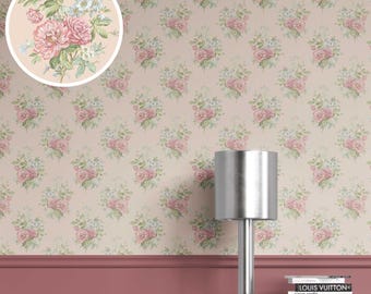 Floral Block Print Wallpaper. Extra Wide Roll. Floral Patterned, Non-Woven, Unpasted Wallpaper. Blush Pink/ Blue/ Green (Luminous Citrus)