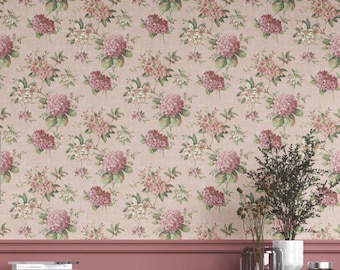 English Floral Wallpaper. Extra Wide Roll. Non-Woven, Unpasted, High Grade Wallpaper. Pink/ Green (Yucca)