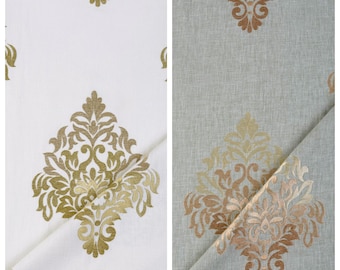 Tissu brodé damassé à motifs floraux au mètre pour rideaux, stores romains, stores vénitiens, cantonnières et décoration intérieure (blanc/beige doré/gris-vert)
