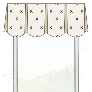 Op de afbeelding: Een op een plank gemonteerde, geschulpte valance met boxplooien. De valance is crèmekleurig met een herhalend patroon van bruine 'X'-vormen. De tekst "BOARD MOUNTED SCALLOPED VALANCE WITH BOX PLEATS" staat bovenaan.