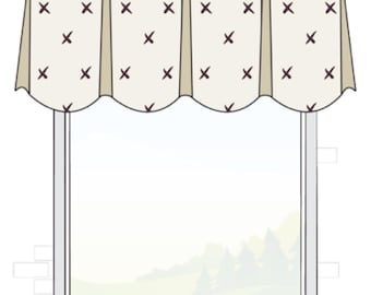 Custom Board Mounted Scalloped Valance with Box Pleats. Window Curtain Valance in any Length & Width. Choose any Fabric from our Collection.