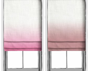 May include: Two window treatments, labeled "Avondale" and "Lisburn." Each features a Roman shade design with a gradient effect, transitioning from white to pink. The "Avondale" shade has a brighter pink, while "Lisburn" is a deeper rose.