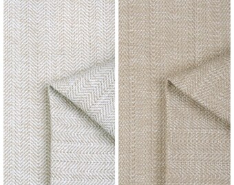 May include: Two fabric swatches, one with a white and beige herringbone pattern labeled "SAGE LAND" and the other with a solid beige herringbone pattern labeled "DISTANT DROP".